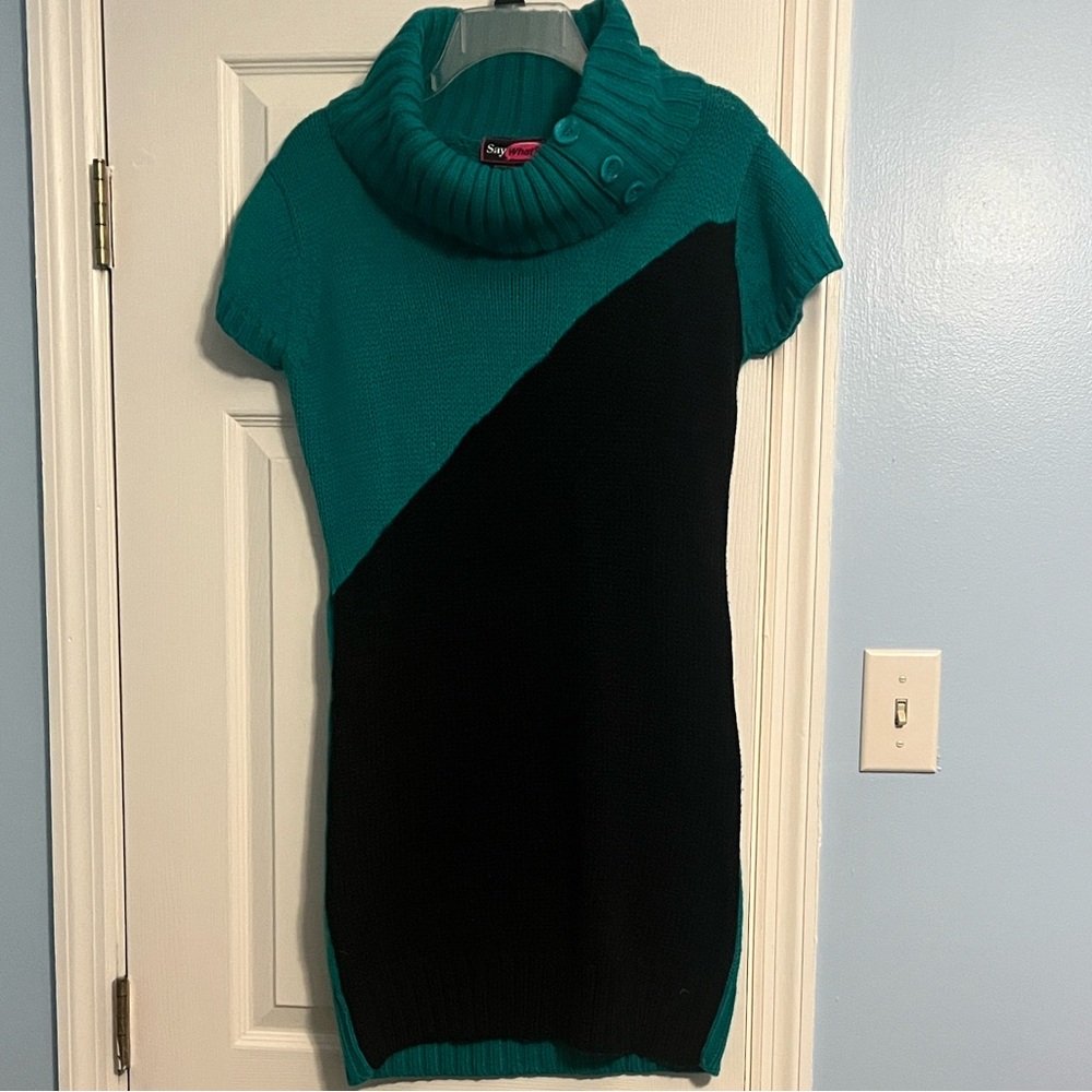 Short Sleeve Sweater Dress Teal/Black